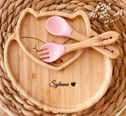 Bowls Personalized Engraved Baby Feeding Set Cutlery Wood Kids Dinner Stay Put Plate Custom Dishes