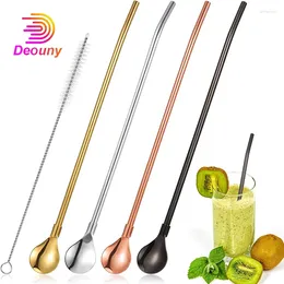 Drinking Straws DEOUNY 4PCS Spoon Stainless Steel Reusable Metal Cocktail Spoons With Long Cleaning Brush