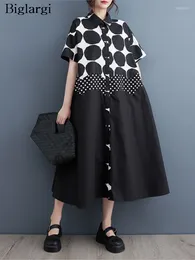 Party Dresses Oversized Summer Midi Shirts Dress Women Polka Dot Striped Print Fashion Casual Loose Ladies Ruffle Pleated Woman