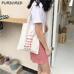 Shopping Bags 1 Pc Korean Style Red Letter Print Shoulder Bag Canvas Women Casual Small Tote Reusable Student