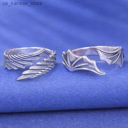 Cluster Rings 2 pieces/set of punk angel demon wing couple rings vintage silver feather open ring wedding Jewellery Valentines Day gift240408