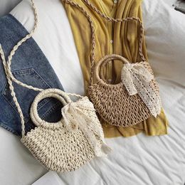 Drawstring Lace Ribbon Bow Straw Bag Women Woven Handbags Handmade Crossbody Bags For Wicker Knitting Shoulder Beach 2024