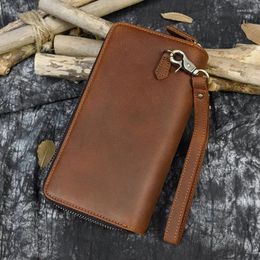Wallets Fashion Double Layer Leather Long Purse Vintage Cowskin Zipper Wallet With Wristband Men Women Retro Zip