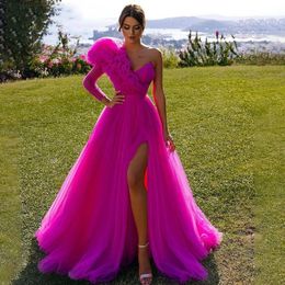 2024 Hot Fuchsia Long Evening Dress One Shoulder Pleats Leg Slit Tulle Formal Prom Party Gowns Celebrity Dresses Custom Made Robe De Soiree