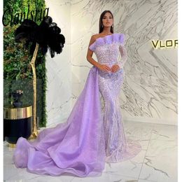 Party Dresses Lilac Dubai Mermaid Elegant One Shoulder Evening Gowns 2024 Luxury Pearls Beaded