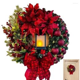 Decorative Flowers Christmas Wreath With Lantern 11.8 Inches Lighted Bow Realistic Door Decors Ornamental For Wall Fireplace Bedroom