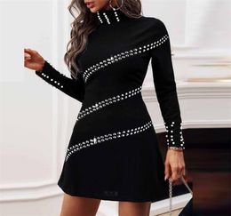 Elegant Lady Beaded Patchwork Short Mini Dress Fashion Turtleneck Long Sleeve Rivet Black Dress Women Sexy Slim Party Dress 2203177594627