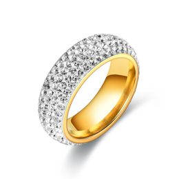 Titanium steel ring, female niche, high-end five row ceramic mud full diamond ring, stainless steel jewelry 6-13mm golden 5 rows of diamonds