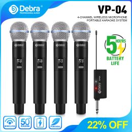 Microphones Debra 4Channel Portable Wireless Microphone System Builtin Lithium Battery Rechargeable Handheld Mic 50m Range for Karaoke