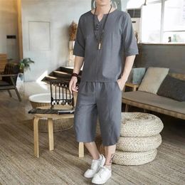 Men's Tracksuits Thin Linen Suit Summer Chinese Loose Large Cotton And 2 Pieces / Short Sleeve Trousers Set