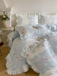 Bedding Sets Korean-style Princess Wind Carved Flower Milk Velvet Four-piece Set Winter Thickened Coral Blue Small Fresh Girl Heart