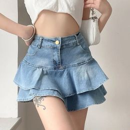 DEEPTOWN Vintage Denim Skirt Shorts Women Summer Korean Fashion High Waist Aline Slim Cute Sexy Mini Jean Ruffle Female 240403