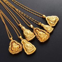 Anniyo Buddhist Guanyin Pendant Necklace Gold Plated Chinese Style Ornament Maitreya Buddha Amulet Hinduism #020107