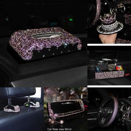 New Noble Purple Diamond Interior Accessories for Women Crystal Pendant Ornaments Leather Steering Wheel Covers Car Tissue Box