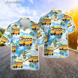 Men's Casual Shirts School bus 3D printed mens shirt cartoon car driver graphic beach shirt fun gift Aloha lapel shirt Hawaiian shirt yq240408