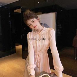 Designer women's casual skirt High quality college style French heavy industry diamond inlaid pink long sleeved dress for women's early spring new long skirt