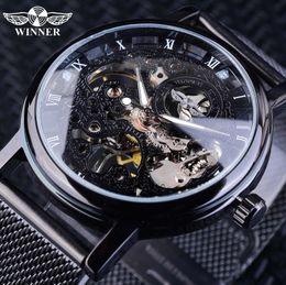 Winner Stainless Steel Mesh Band Transparent Classic Thin Case Hollow Skeleton Mens Male Mechanical Wrist Watch Top Brand Luxury9723525