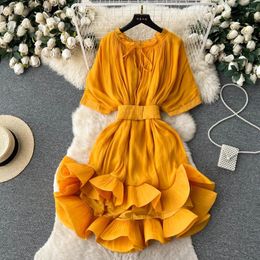 Party Dresses Summer French Dress Women's Luxury Lace Up Waist Ruffled Hem Fluffy