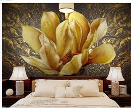 Metal oil painting flower embossed gold flower 3D stereo TV background wall modern wallpaper for living room8803752