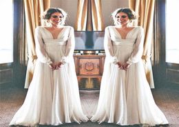 Greek Goddess Style Wedding Dress Long Sleeve Deep V Neck Flowing Chiffon Floor Length Graceful Bridal Gowns Vestidos de Noiva Cus4564816