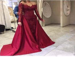 2 Pieces Detachable Train Prom Dresses Burgundy Lace Sheer Neck Long Sleeve Removable Skirt Evening Party Gowns Plus Size Customiz7002873