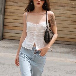 Women's Tanks Y2K Vintage Camisole Spaghetti Straps Sleeveless Ruched Hollow Crochet Flower Buttons Slim Vest Tank Tops