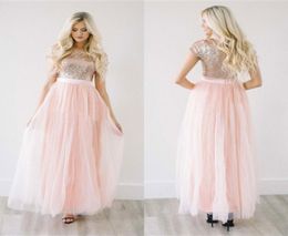 Latest 2017 Light Peach Tulle Sequined Top Bridesmaid Dresses Long Cheap Short Sleeve Pleats Ankle Length Maid Of Honour Gowns Cust4569753