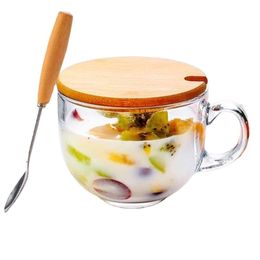 15oz 450ml Wholesale Milk Tea Mugs Handle Breakfast Cereal Coffee Glass Cup with Bamboo Lid and Spoon
