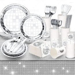 Disposable Dinnerware 25Pcs Silver Tableware Sets Napkins Cups Disco Ball Theme 70s Paper Plates Wedding