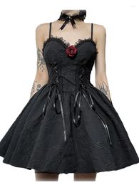 Casual Dresses 2024 Ball Gown Women Aesthetic Mini Dress Kawaii Vintage Spaghetti Straps Sleeveless Lace Up Black Corset Bandage Party