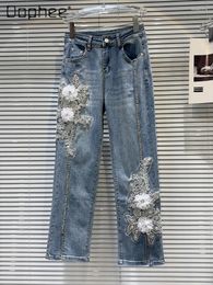 Women's Jeans Heavy Industry Rhinestone Flower Embroidered Beaded Women 2024 Spring Summer Girl Straight High Waist