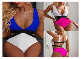 Women One Piece Bikini 7 Colours Sexy Patchwork V Collar Bathing Suits Ladies Elastic Tummy Control Backless Beach Swimsuit Summer 3413151