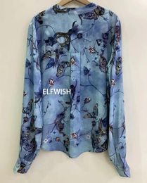 Women's Blouses Silk Butterfly Printed Blue Shirt Stand Collar With Buttons Long Sleeved Fashion Tops Blouse High Quality