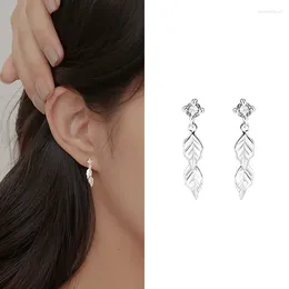 Dangle Earrings 925 Sterling Silver Zircon Geometric For Women Girl Fashion Leaf Texture Design Jewellery Party Gift Drop