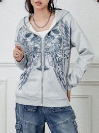 Women's Hoodies Loose Fashion Skull Print Long Sleeve Teen Girl Fall Jacket Casual Clothes Zip-Up Sweatshirts Coat