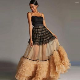 Skirts Elegant Ruffles Pleated Tulle Summer Women Black Lace Long Casual Skirt Elastic Waist Boho Beach Maxi Saias Femme