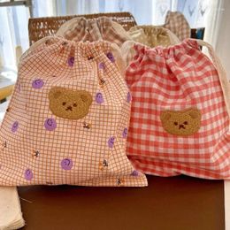 Storage Bags Korean Cute Bear Plaid Lace Bunches Bag Household Large Capacity Travel Sundry Underwear Sorting 28x26cm