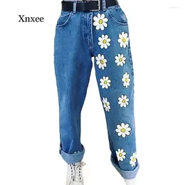 Women's Jeans Mom Denim For Women High Waist Printing Slim Straight Jean Pants Full Length Trousers Floral Print