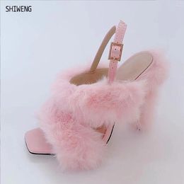 Sandals Feather Women Furry High Heels Ankle Plush Woman With Fur Stripper Heeled Sandal Evening