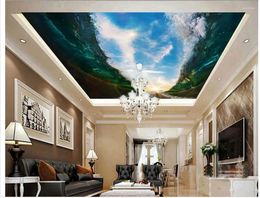 Wallpapers 3d Ceiling Murals Wallpaper Waves Blue Sky White Clouds Roofs