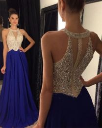 Dresses ALine Prom Dresses Sexy Sheer Corset Party Dresses Backless Navy Blue Prom Dresses With Crystal HY1554