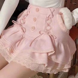 Skirts Deepdown Japanese Kawaii Mini Pink Sweet Lolita Style Harajuku Women Bow Cute Lace Knit Skirt High Waist Short