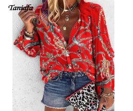 Taniafa New Fashion Plus Size Shirts Women V Neck Long Sleeve Button Fancy Tops Casual Loose Print Blouse CX2007149561684