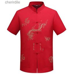 Men's Casual Shirts Traditional Chinese Tang Dynasty Top Wenhua Collar Kung Fu Wing Chun Dress Short Sleeve Embroidered Dragon Shirt M-XXXL yq240408