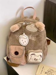 Women Cartoon Fluffy Bear Pocket Backpack Korean Fashion Small Cute Plush School Bag Girl Preppy Style Mini Travel Bags 240329