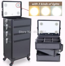 Multilayer Aluminium frame Cosmetic CaseDresser Makeup Toolbox with lightMakeup artist Suitcase BoxTrolley Luggage Bag5418705