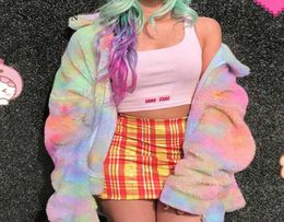 Women Oversized Rainbow Fuzzy Long Sleeve Coat Fall Winter Gothic Iridescent Camouflage Fleece Bomber Jacket Harajuku Outerwear X09544192