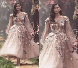 2021 Evening Dresses Blush Pink Long Sleeve Flower Embroidery Prom Gowns Customised Ankle Length Special Occasion Dress9000666