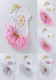 INS Baby Tutu Dot Skirt letter print Romper Crown Headband 3pcsset Girls Birthday Pography Dress Kids Princess Party Cloth2361758