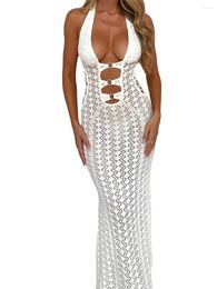 Casual Dresses Women's Crochet Beach Long Dress Summer Sexy Backless Sleeveless Halter Neck Metal Ring Front Bodycon For Party Vacation